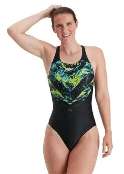 Speedo Women's Placement Digital Powerback Swimsuit - Black/ Adriatic/ Lime