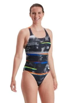 Speedo Women's Placement Digital Powerback Swimsuit - Black/ Salso/ White/ Blue