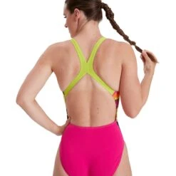 Speedo Placement Powerback Swimsuit - Pink/ Lime/ Salso/ Black