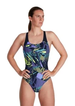 Speedo Placement Powerback Swimsuit - Navy/ Ultraviolet/ Yellow/ Adriatic