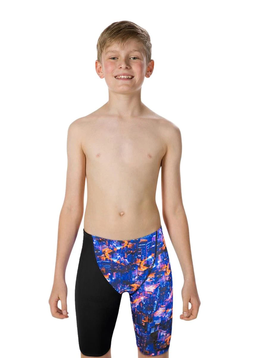 Speedo Junior Boy's Fastskin Endurance+ Highwaist Jammer - Black/ Blue / Kanji Lights 3 Speedo Junior Boy's Fastskin Endurance+ Highwaist Jammer - Black/ Blue / Kanji Lights