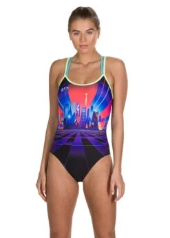 Speedo Neon Fan Placement Double Crossback Swimsuit- Black/ Aquasplash/ Red