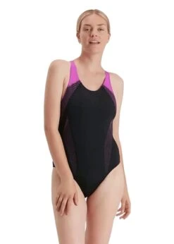 Speedo Plastisol Laneback Swimsuit - Black/ Neon Orchid