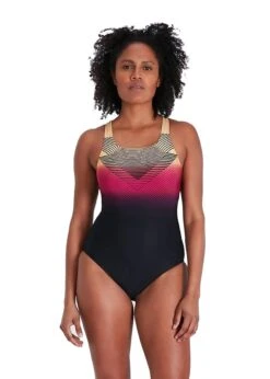 Speedo Digital Placement Medalist Swimsuit - Black/ Papaya Punch/ Magenta