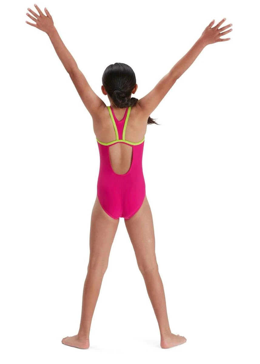Speedo Girl's Boom Logo Placement Flyback Swimsuit - Electric Pink/ Atomic Lime 4 Speedo Girl's Boom Logo Placement Flyback Swimsuit - Electric Pink/ Atomic Lime - Image 2