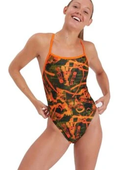 Speedo Wall Spray Allover Vback Swimsuit - Salso/ Black/ Olive