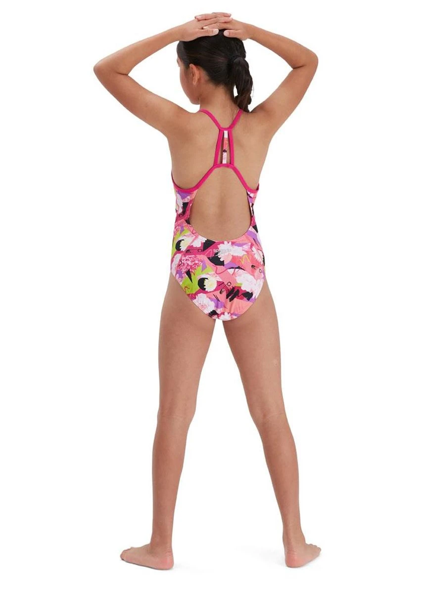 Speedo Girl's Punk Floral Lane Line Back Swimsuit - Pink/ White/ Black/ Lime 4 Speedo Girl's Punk Floral Lane Line Back Swimsuit - Pink/ White/ Black/ Lime - Image 2