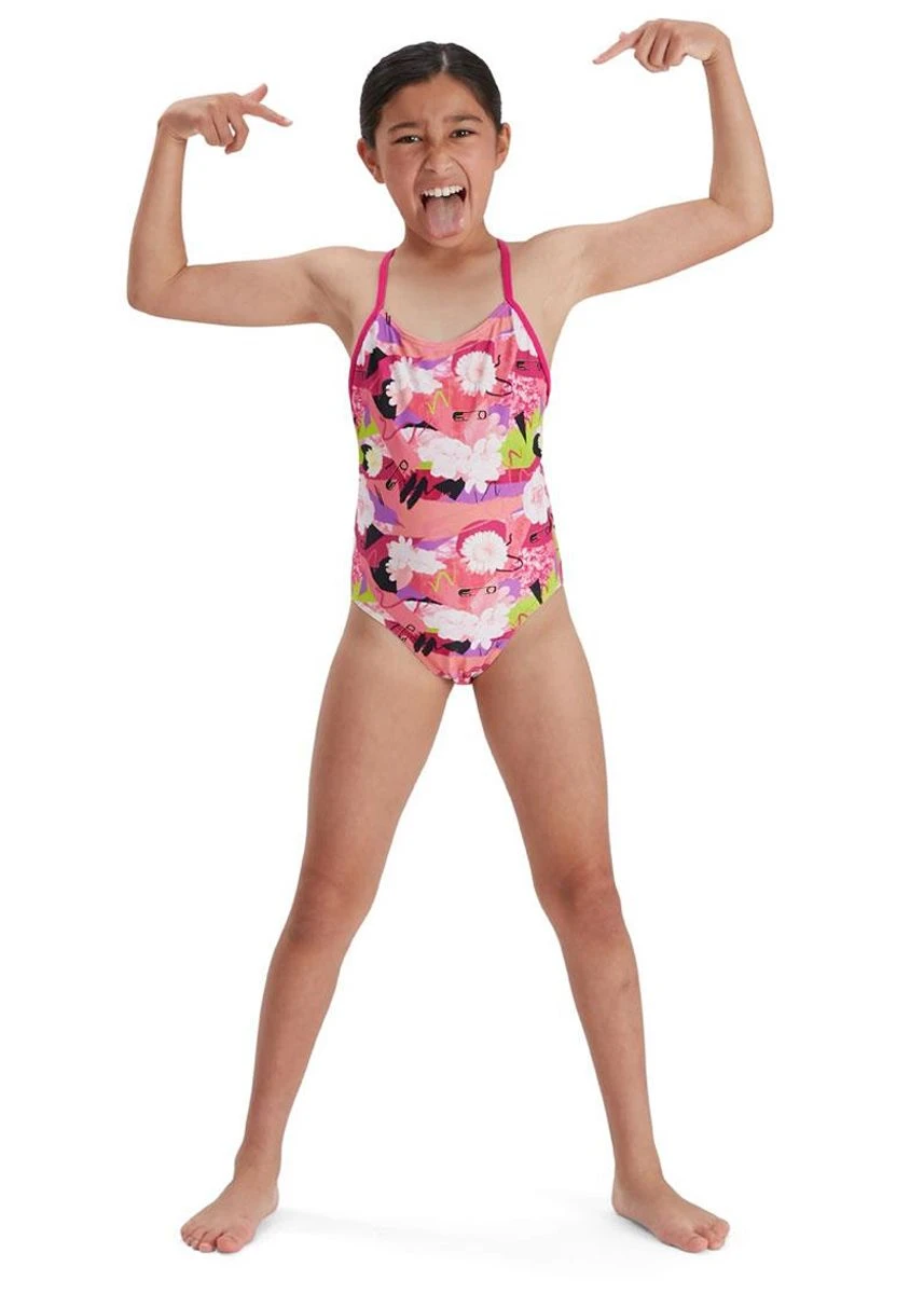 Speedo Girl's Punk Floral Lane Line Back Swimsuit - Pink/ White/ Black/ Lime 3 Speedo Girl's Punk Floral Lane Line Back Swimsuit - Pink/ White/ Black/ Lime