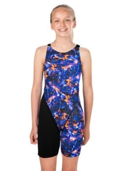 Speedo Junior Girl's Fastskin Endurance+ Openback Kneeskin - Black/ Blue / Kanji Lights