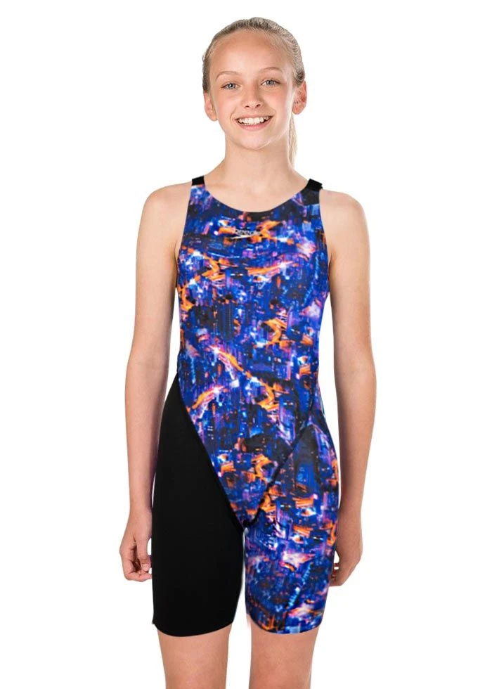 Speedo Junior Girl's Fastskin Endurance+ Openback Kneeskin - Black/ Blue / Kanji Lights 3 Speedo Junior Girl's Fastskin Endurance+ Openback Kneeskin - Black/ Blue / Kanji Lights