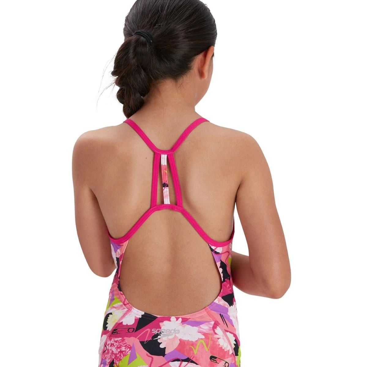 Speedo Girl's Punk Floral Lane Line Back Swimsuit - Pink/ White/ Black/ Lime 6 Speedo Girl's Punk Floral Lane Line Back Swimsuit - Pink/ White/ Black/ Lime - Image 4