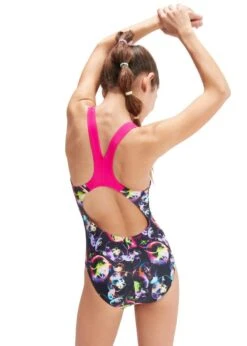 SPEEDO GIRLS ALLOVER SPLASHBACK SWIMSUIT - BLACK / ELECTRIC PINK / INDIGO GLOW / HYPERSONIC BLUE / LUMO GREEN