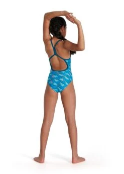 Speedo Girl's Flipper Phone Allover Vback Swimsuit - Pool/ Adriatic/ Teal/ Yellow