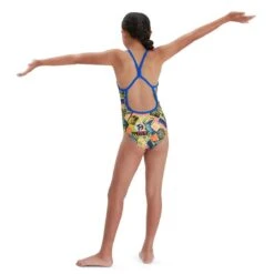Speedo Girl's Comic Chaos Allover Vback Swimsuit - Green/ Lime/ Blue