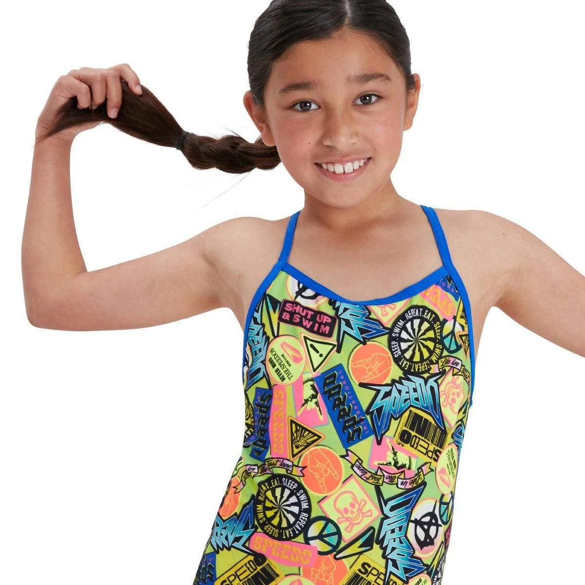 Speedo Girl's Comic Chaos Allover Vback Swimsuit - Green/ Lime/ Blue 17 Speedo Girl's Comic Chaos Allover Vback Swimsuit - Green/ Lime/ Blue - Image 15