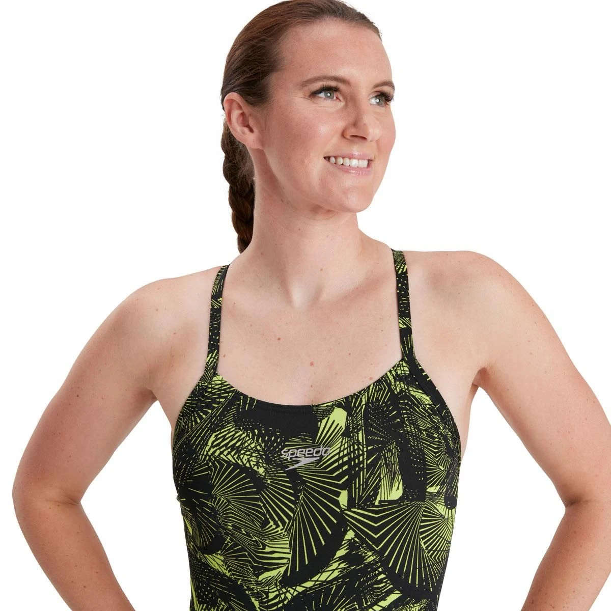 Speedo Allover Fixed Crossback Swimsuit - Black/ Atomic Lime 6 Speedo Allover Fixed Crossback Swimsuit - Black/ Atomic Lime - Image 4