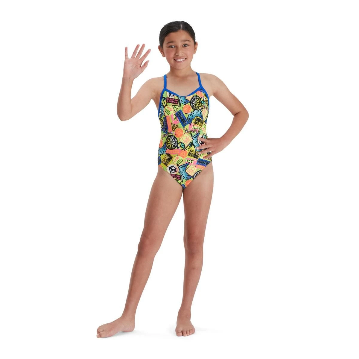 Speedo Girl's Comic Chaos Allover Vback Swimsuit - Green/ Lime/ Blue 21 Speedo Girl's Comic Chaos Allover Vback Swimsuit - Green/ Lime/ Blue - Image 19