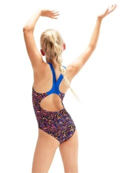 Speedo Girl's Allover Splashback Swimsuit - Black/ Blue Flame/ Boost Orange/ Rose Violet