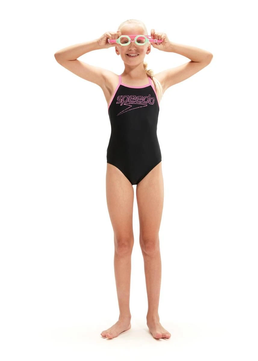 Speedo Girl's Logo Thinstrap Muscleback Swimsuit - Black/ Taffy Pink 5 Speedo Girl's Logo Thinstrap Muscleback Swimsuit - Black/ Taffy Pink - Image 3