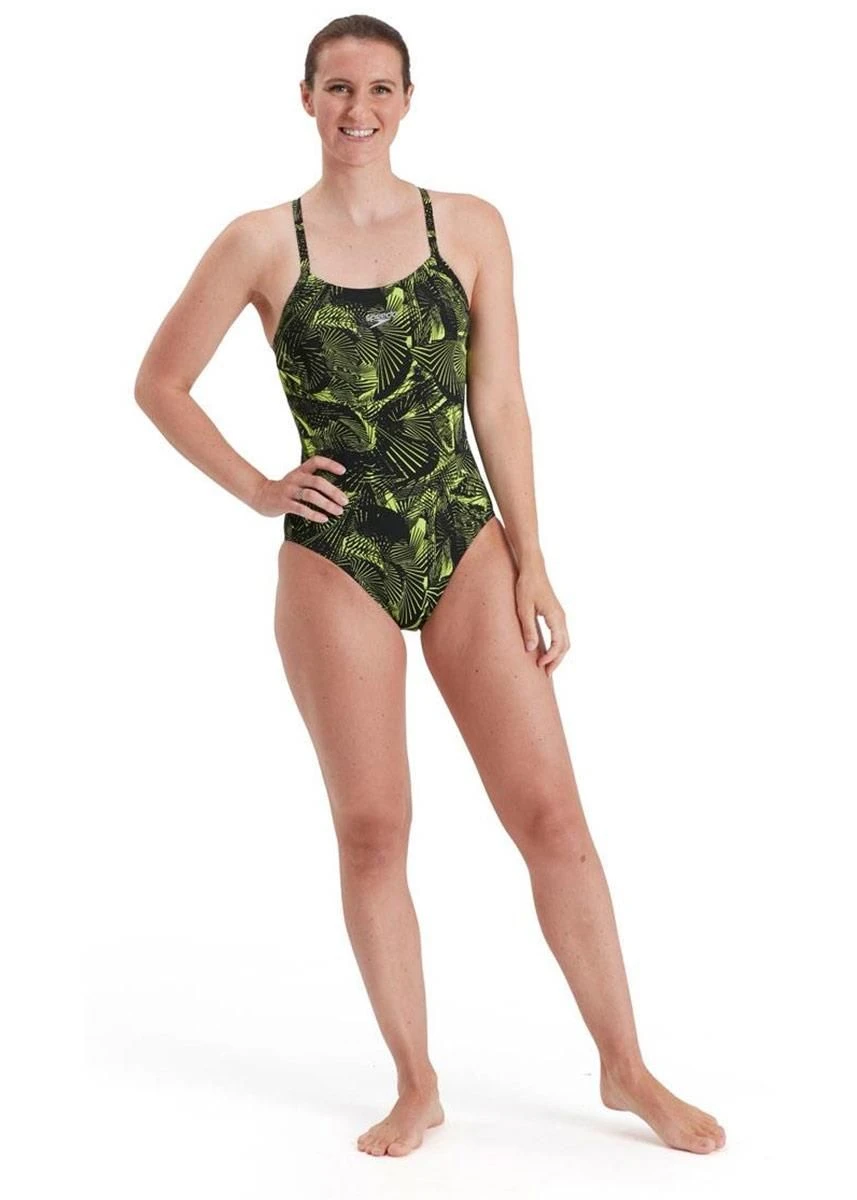 Speedo Allover Fixed Crossback Swimsuit - Black/ Atomic Lime 7 Speedo Allover Fixed Crossback Swimsuit - Black/ Atomic Lime - Image 5