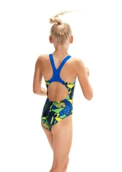 Speedo Girl's Allover Splashback Swimsuit - Black/ Blue Flame/ Bright Yellow/ Fluo Green